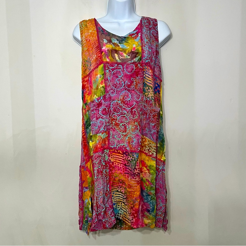 Tropical Tantrum Dress Hawaii Bright Floral Patchwork Pockets‎ Boho XS Mini